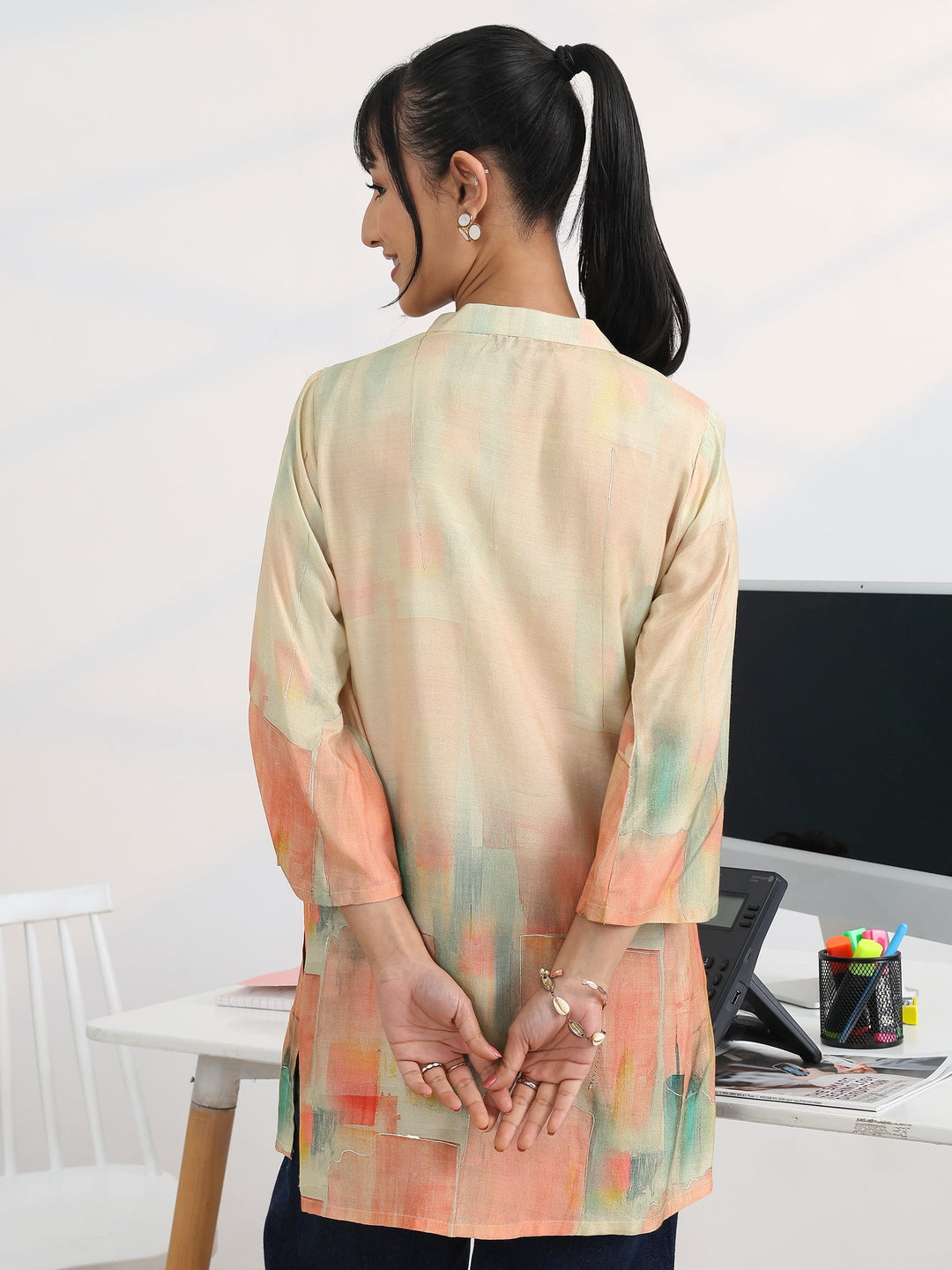  Peach Abstract Printed Silk Blend Straight Short Kurti 