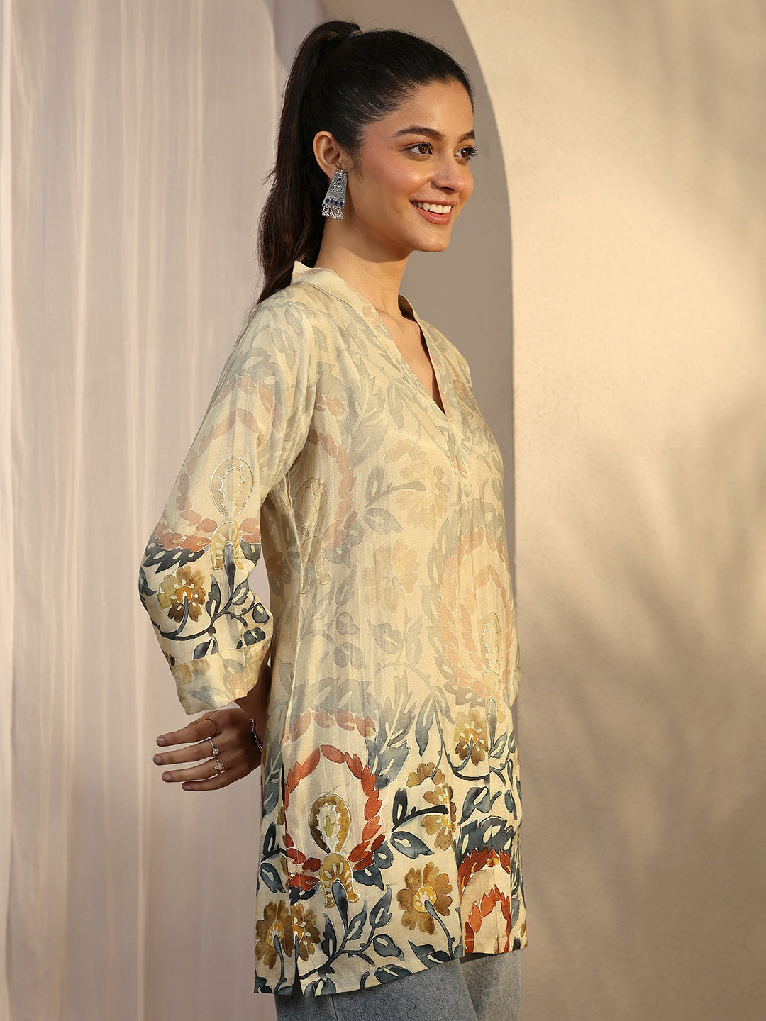 Beige Printed Muslin Straight Short Kurti 