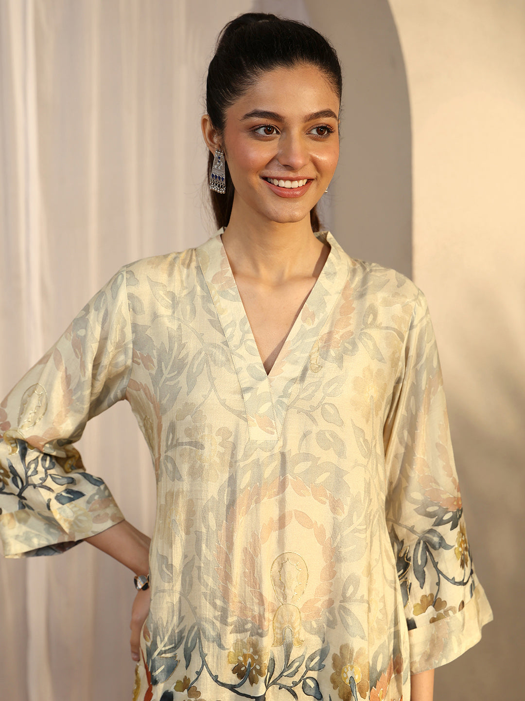  Beige Printed Muslin Straight Short Kurti 