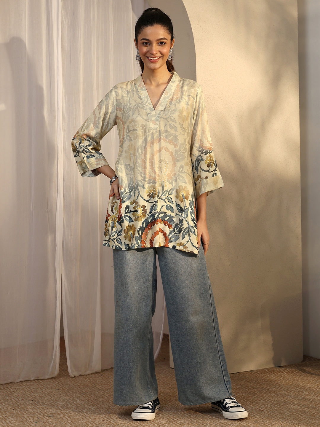  Beige Printed Muslin Straight Short Kurti 