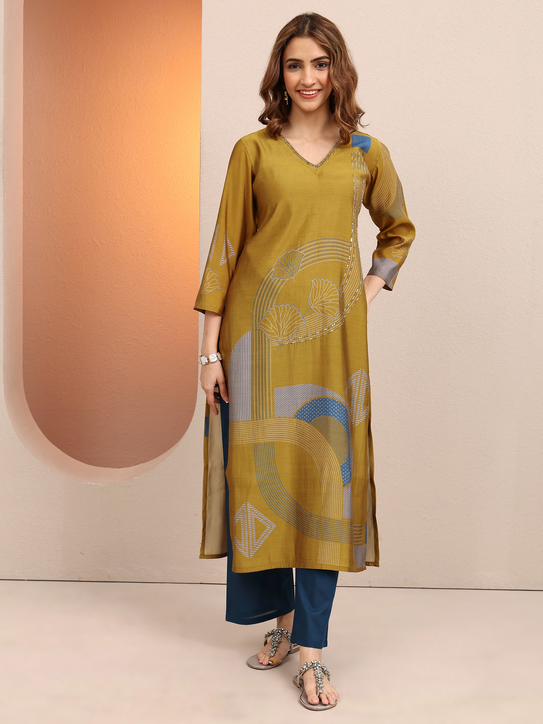  Mustard Printed Silk Blend Straight Kurta 