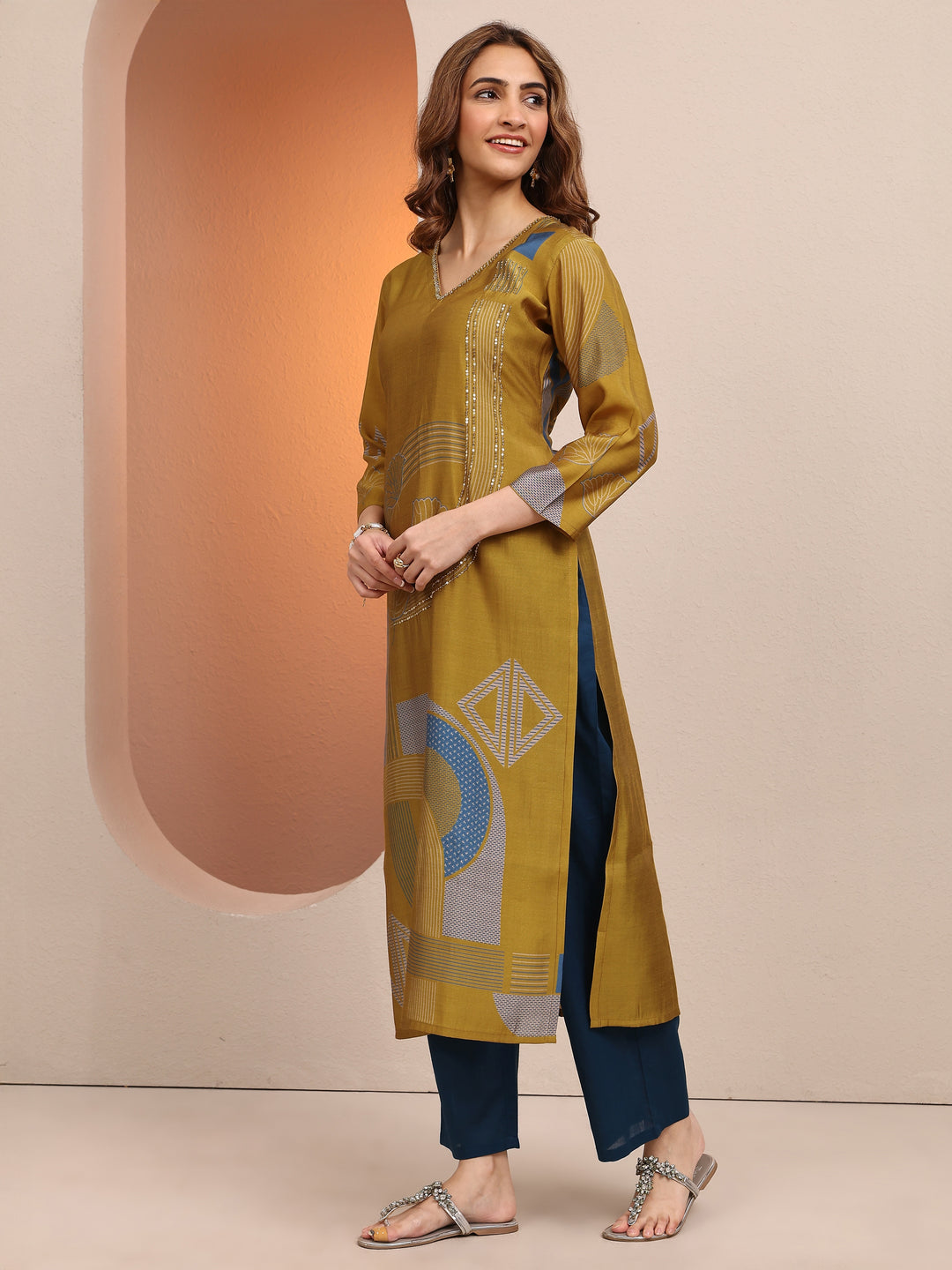  Mustard Printed Silk Blend Straight Kurta 