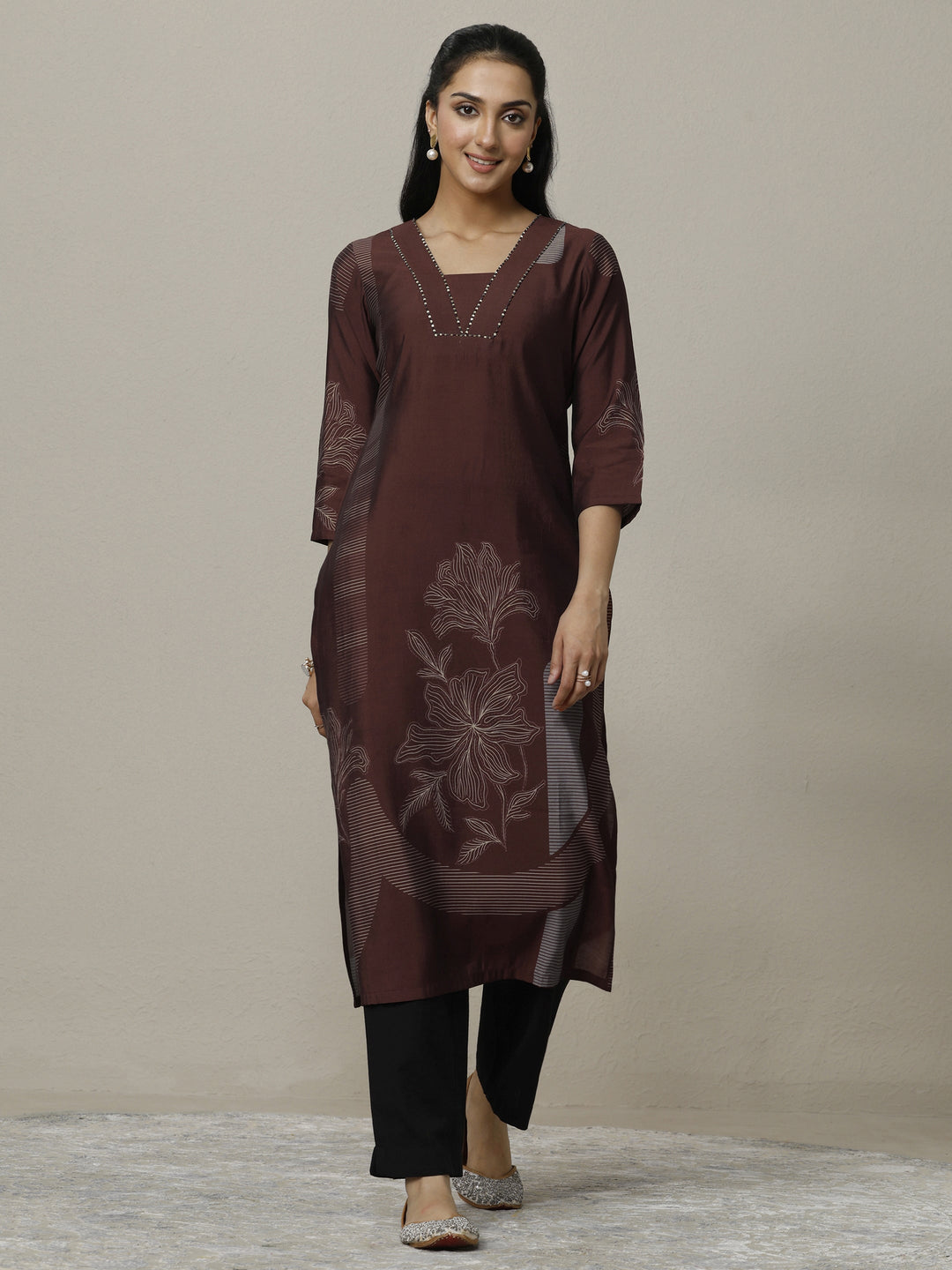 Brown Printed Silk Blend Straight Kurta