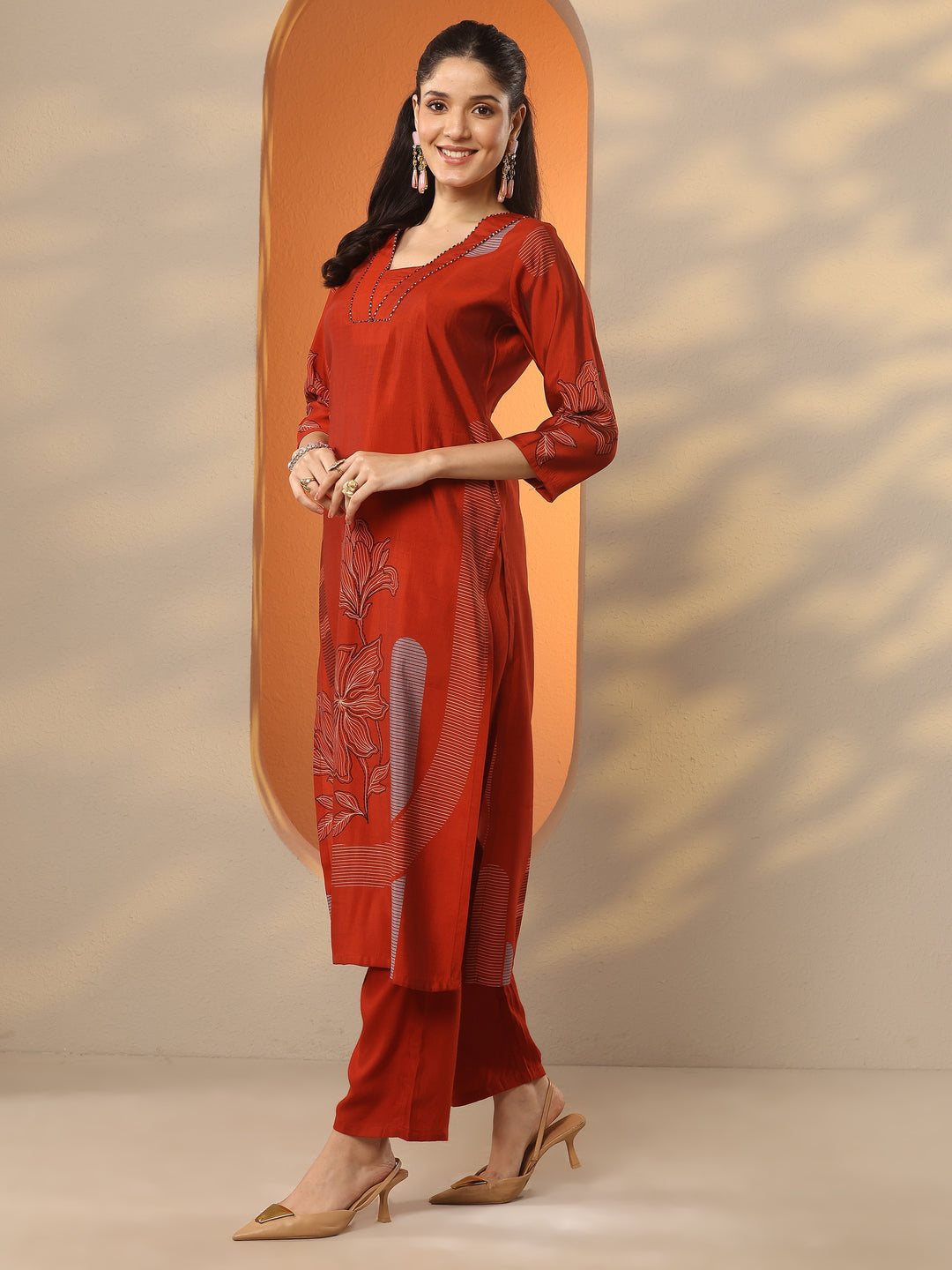  Rust Printed Silk Blend Straight Kurta 