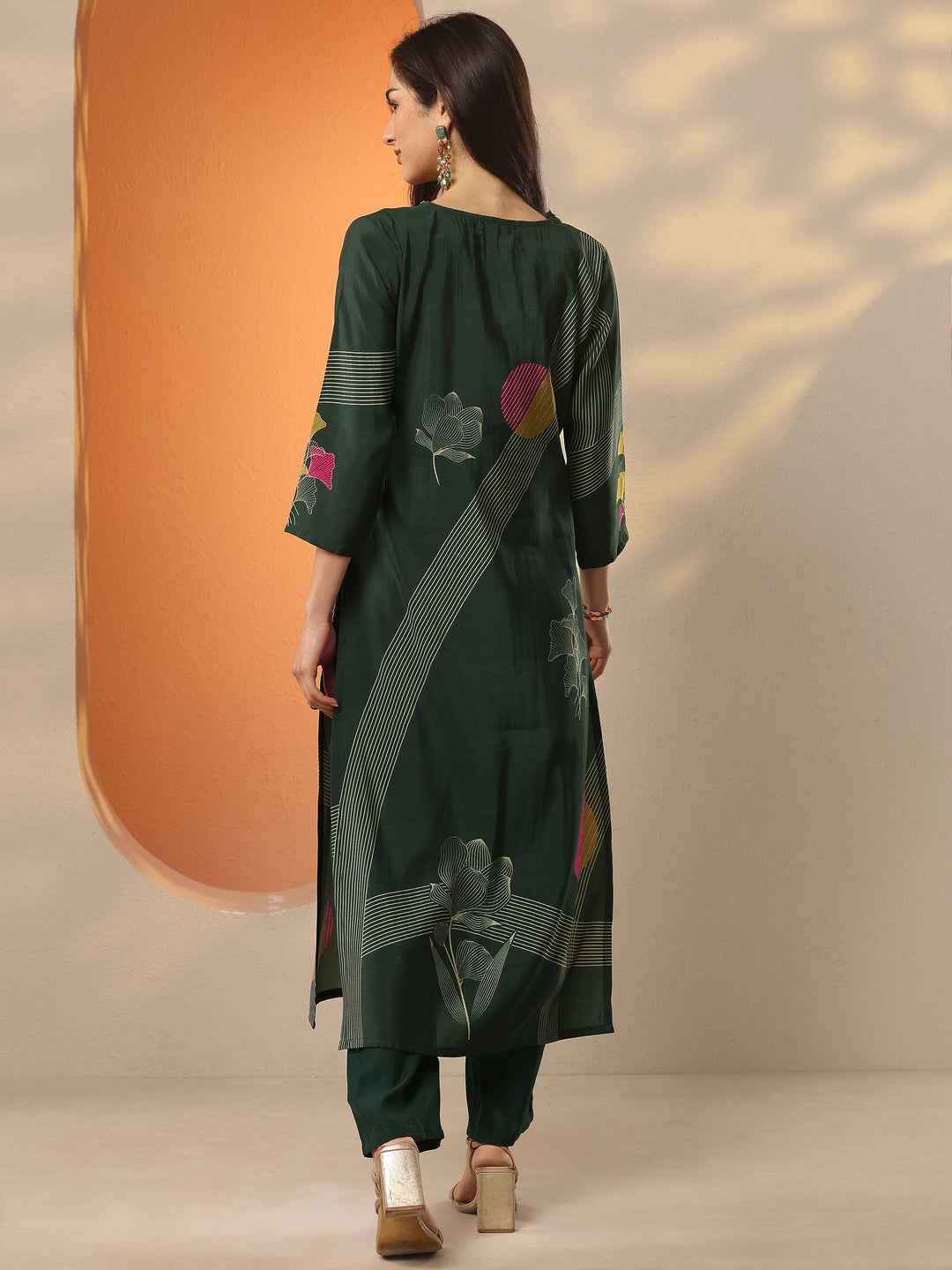  Green Printed Silk Blend Straight Kurta 