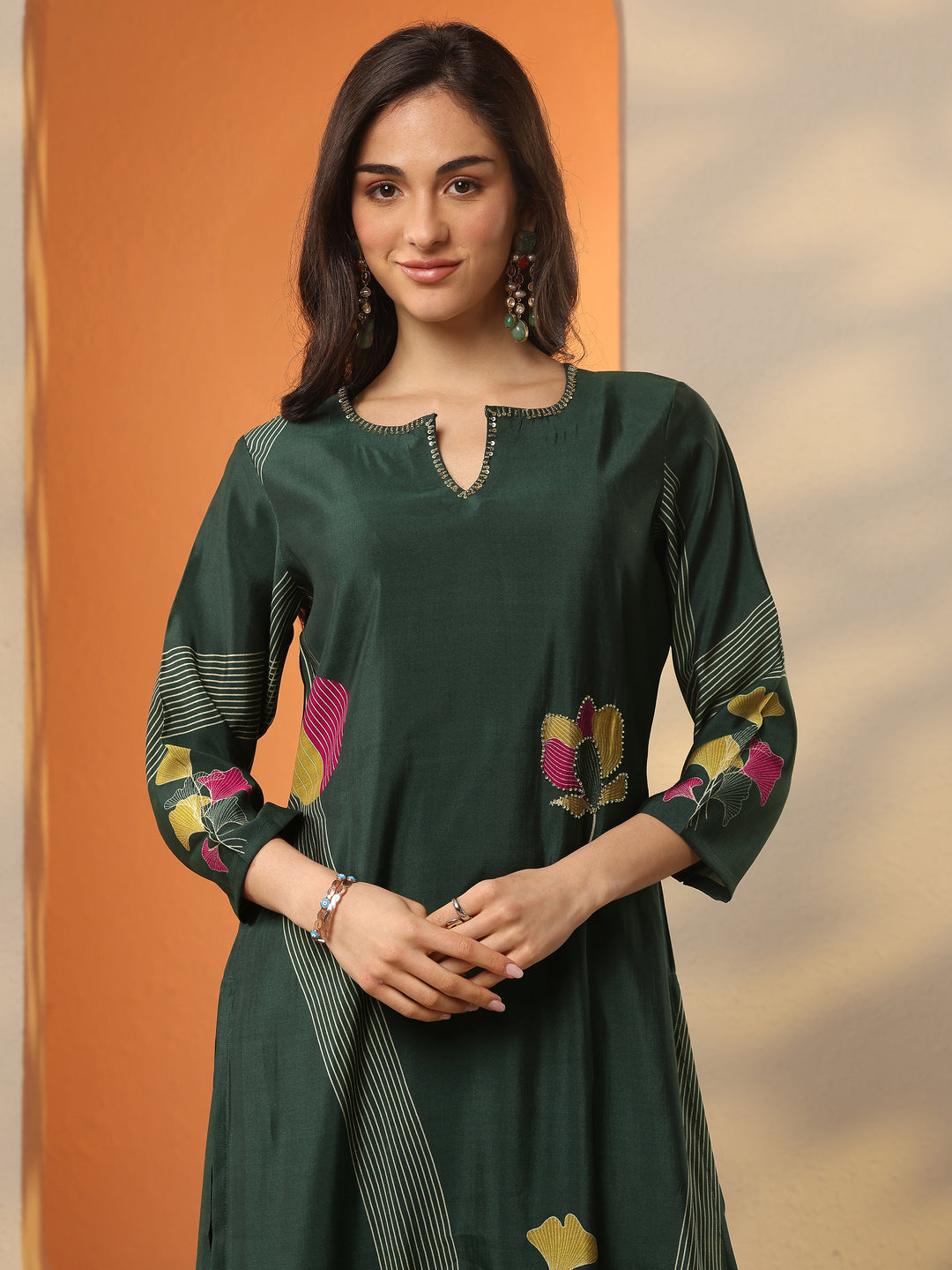 Green Printed Silk Blend Straight Kurta 