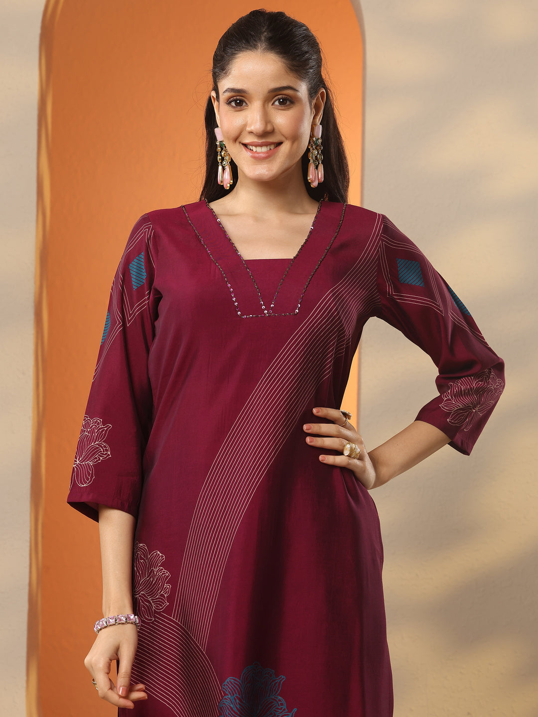  Burgundy Printed Silk Blend Straight Kurta 