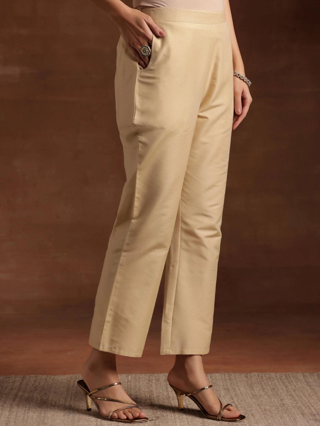  Beige Solid Silk Trousers 