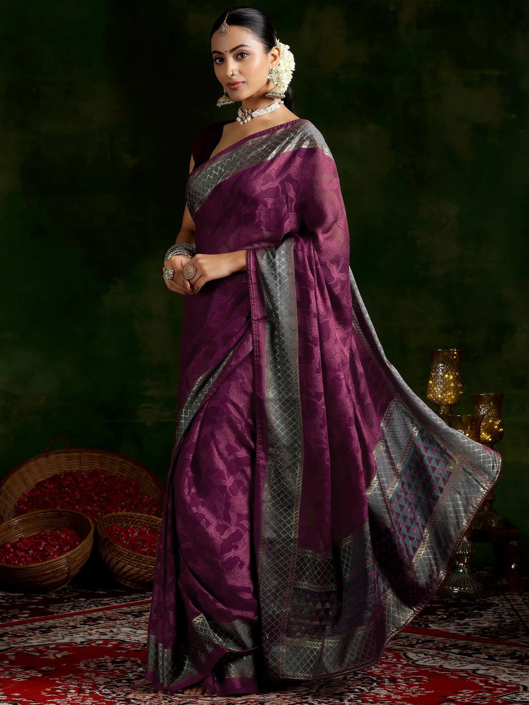  Wine Printed Silk Blend Saree With Unstitched Blouse Piece 