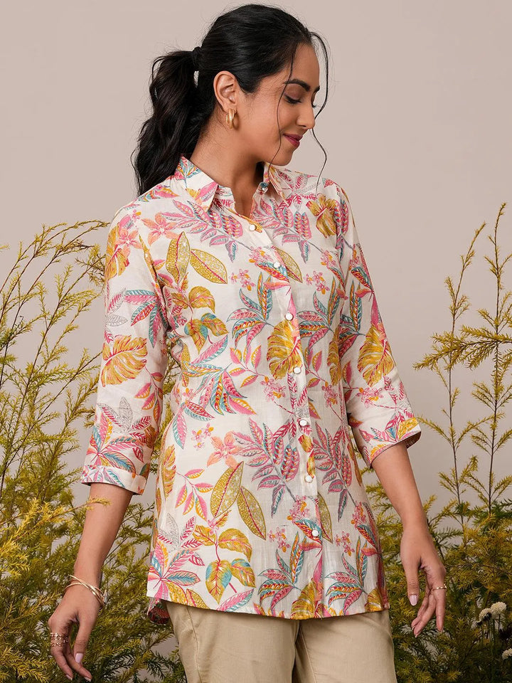 Cream Printed Silk Blend A-Line Kurti - Libas