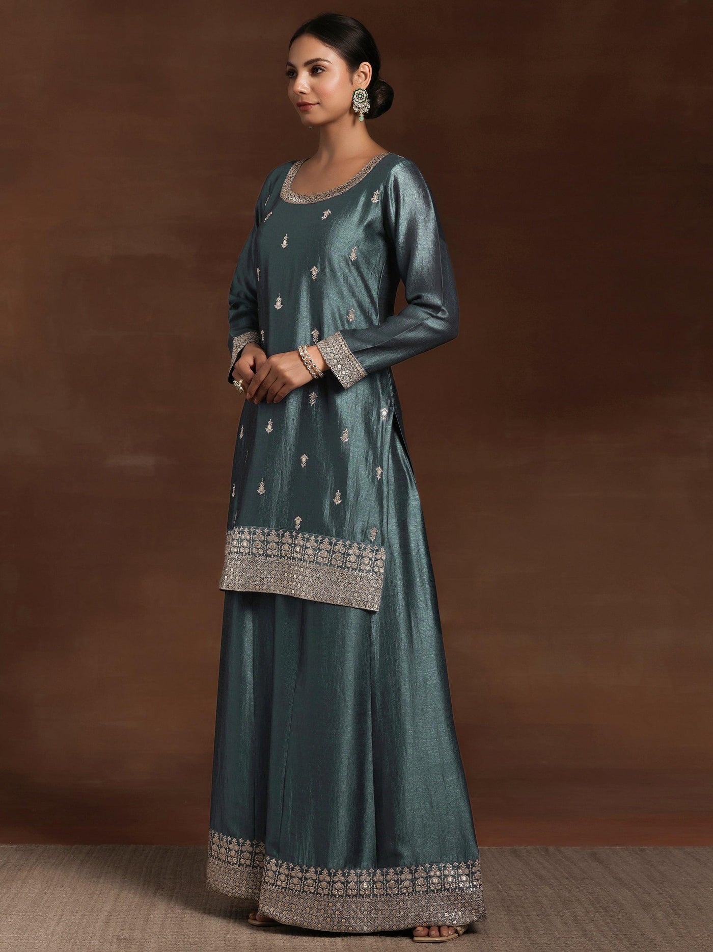 Grey Embroidered Silk Blend Straight Suit With Dupatta - Libas