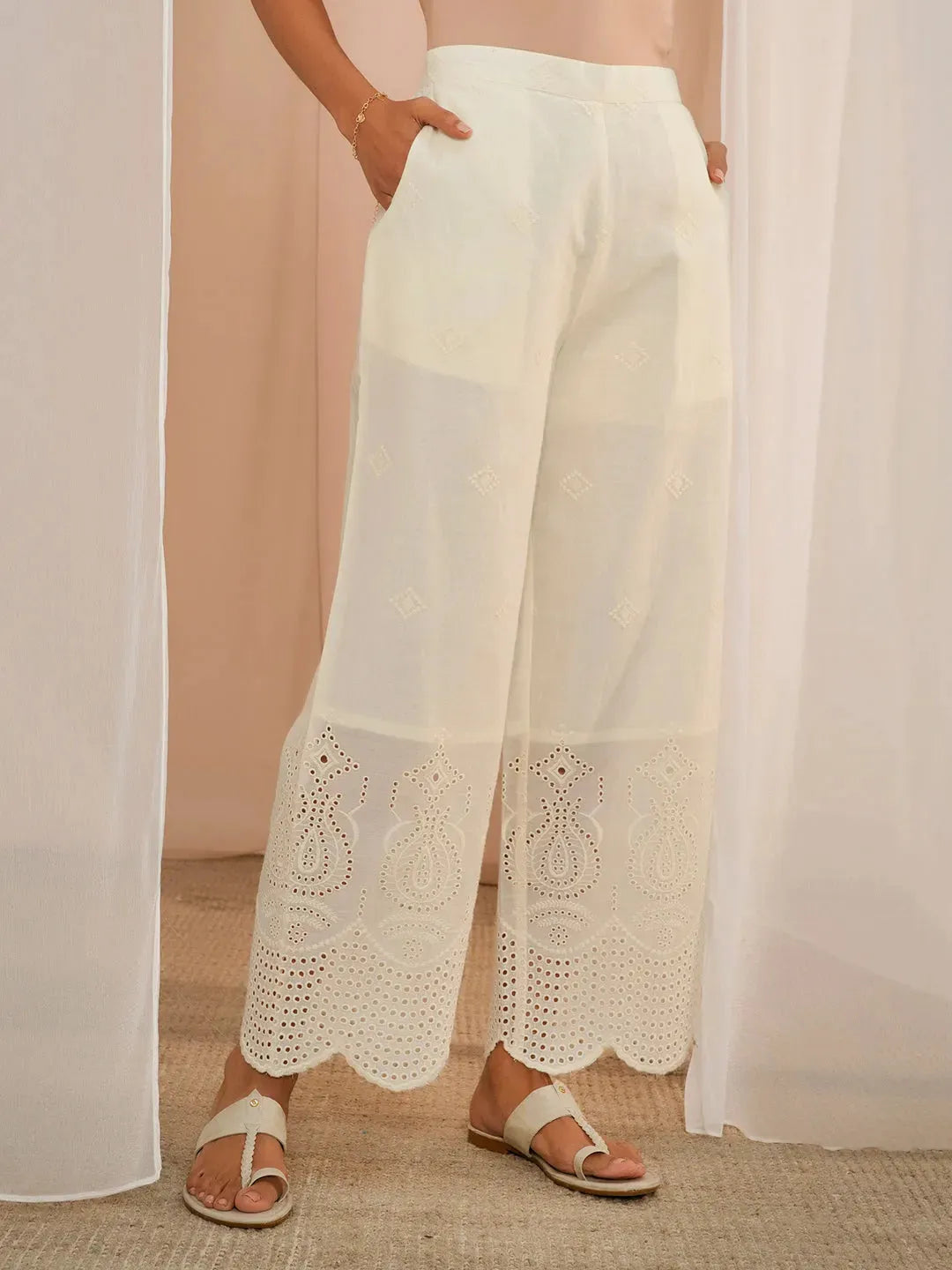  Off White Embroidered Cotton Wide Leg Palazzos 