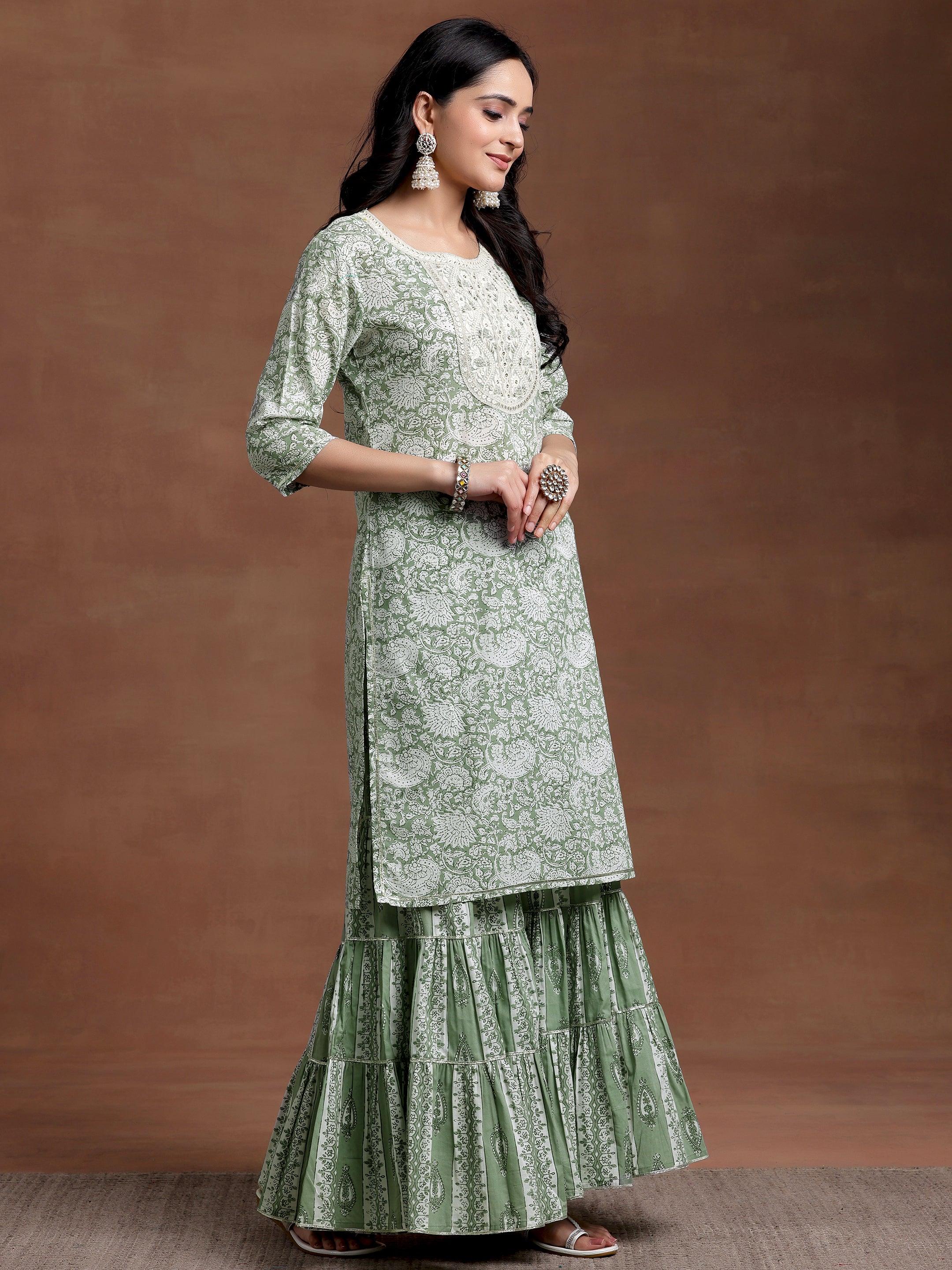 Green Yoke Design Cotton Straight Suit With Dupatta