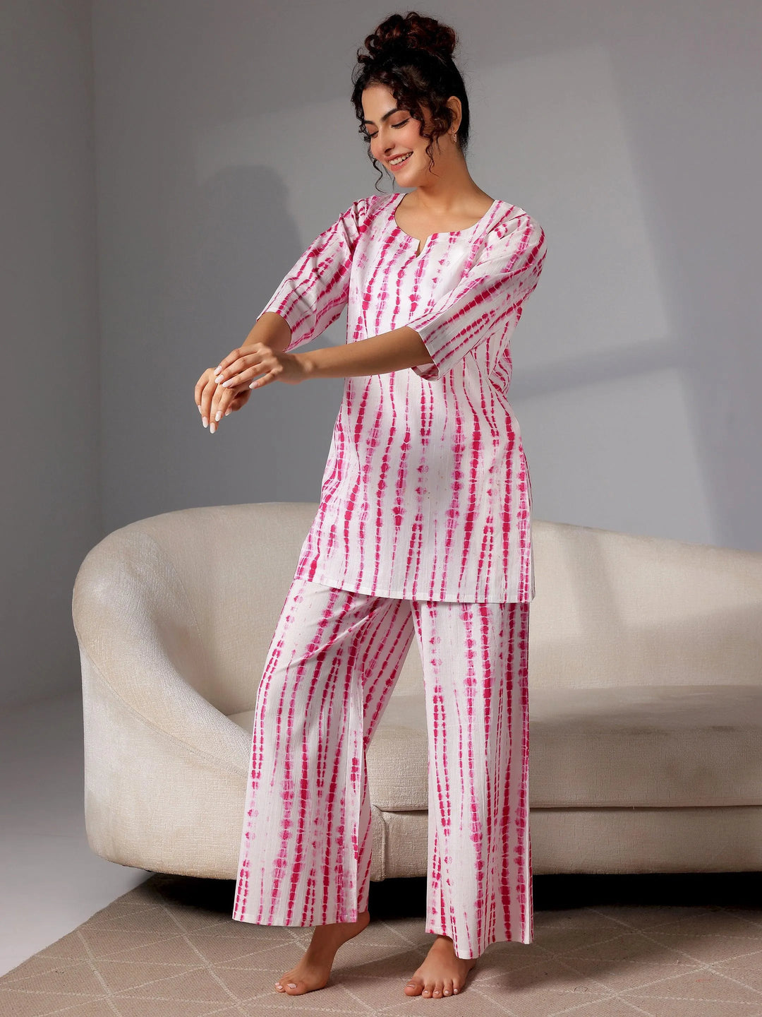Pink Printed Cotton Night Suits - Libas 
