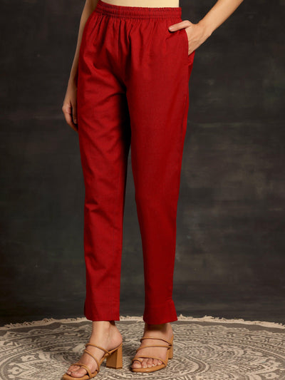 Maroon Solid Cotton Straight Fit Trousers - Libas