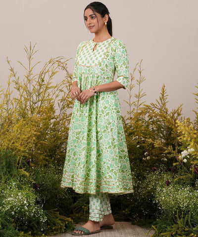 Green Yoke Design Cotton Anarkali Suit With Dupatta - Libas