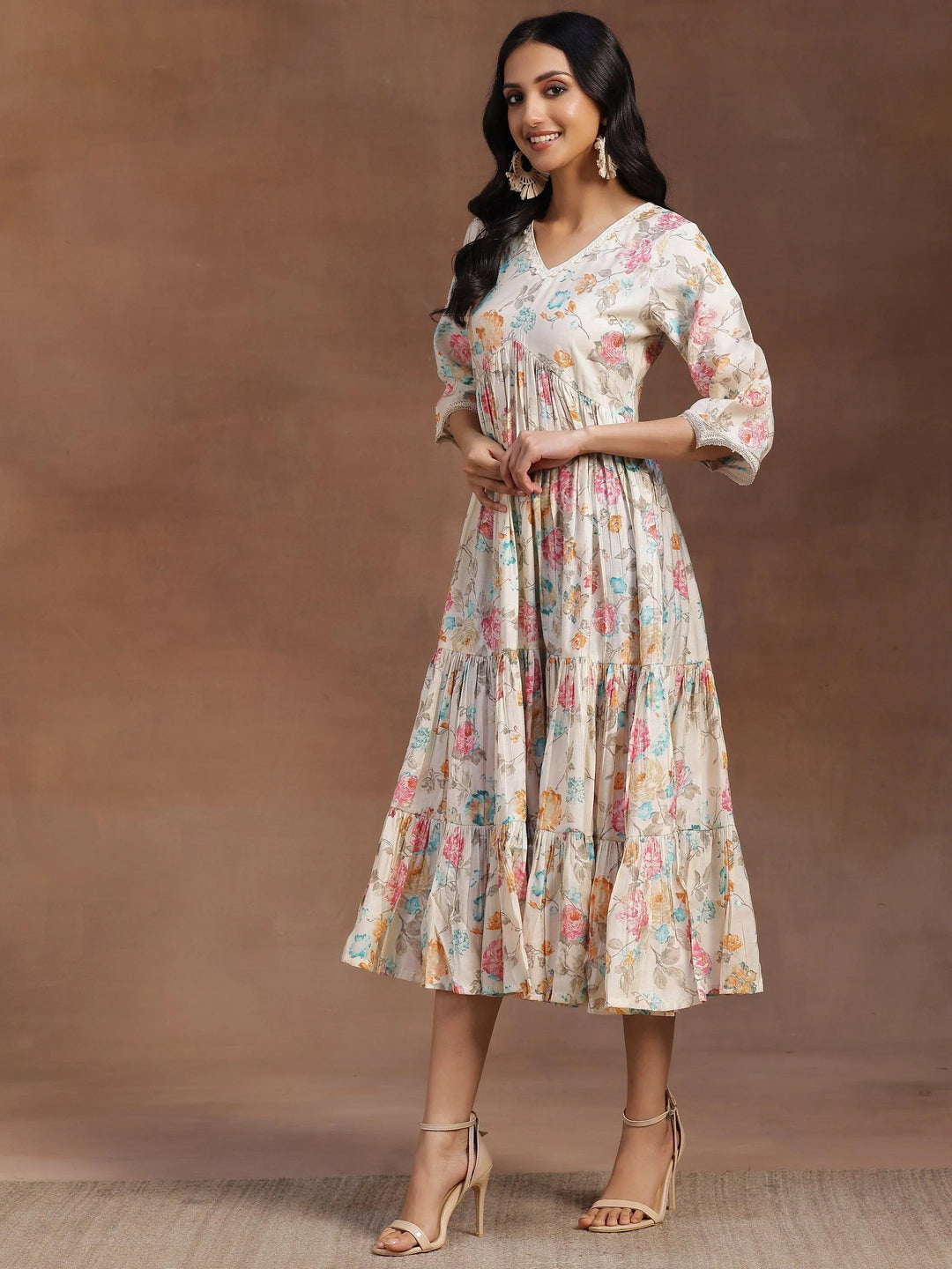 Beige Printed Silk Fit and Flare Dress - Libas 