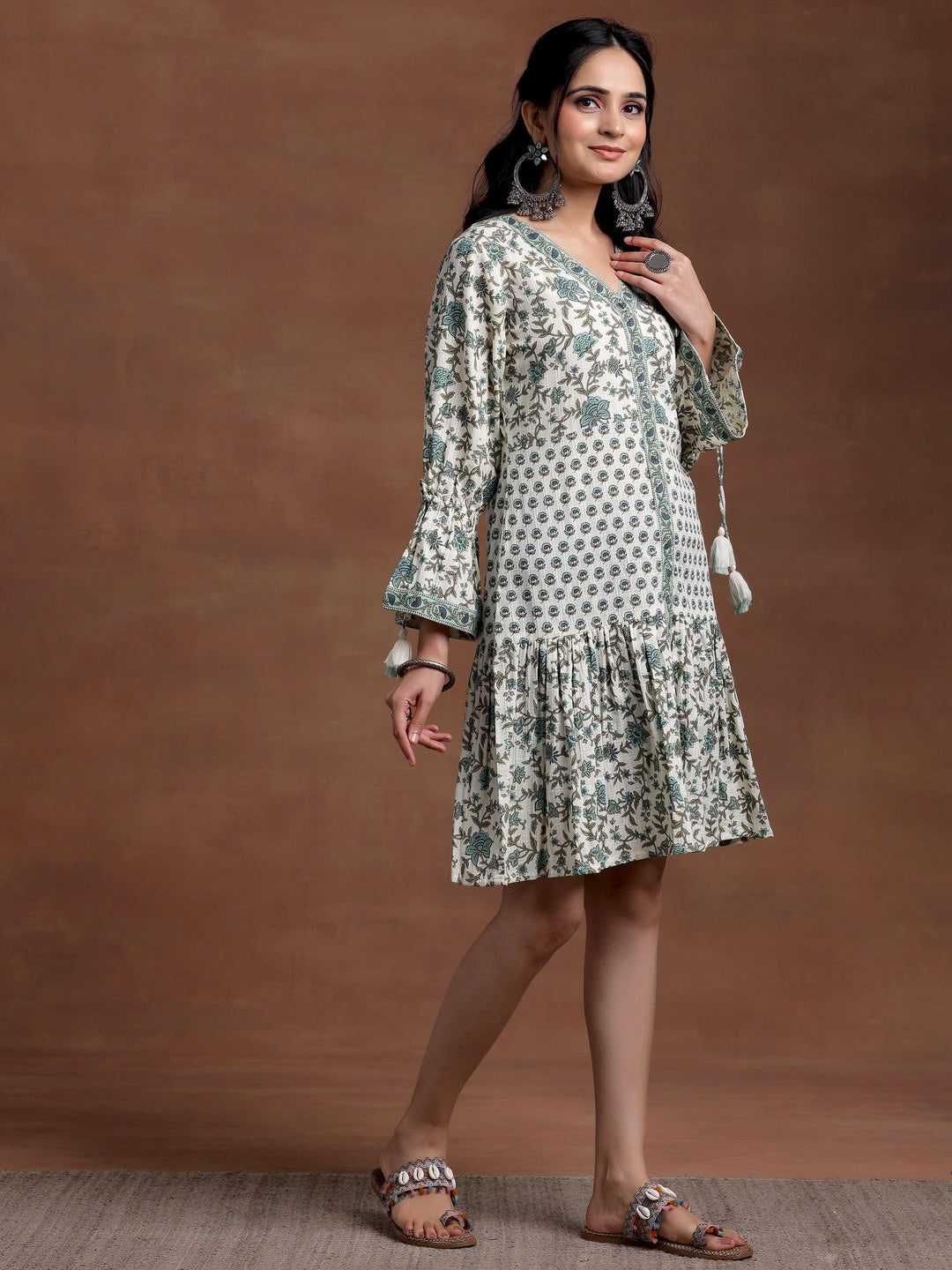 Beige Printed Cotton A-Line Dress - Libas