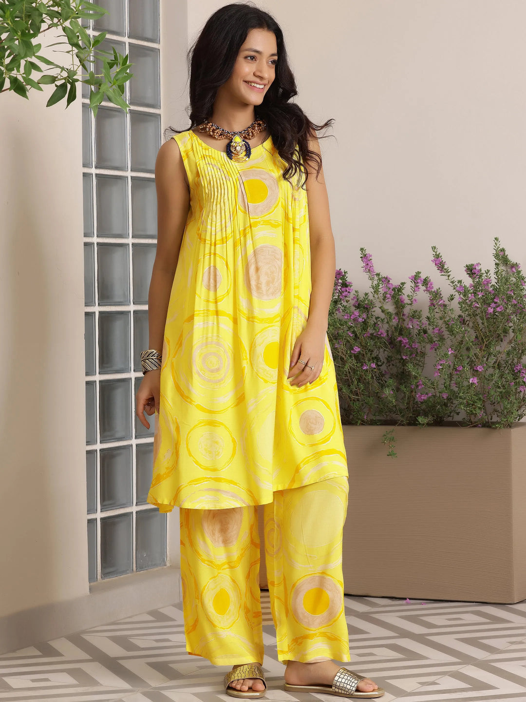  Yellow Printed Silk Blend Co-Ords 