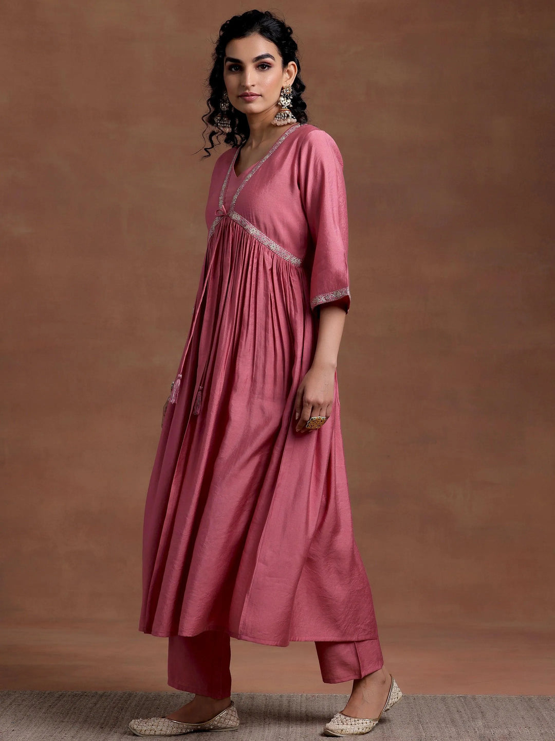 Peach Solid Silk Blend A-Line Kurta With Trousers - Libas 