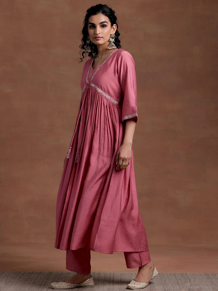 Peach Solid Silk Blend A-Line Kurta With Trousers - Libas