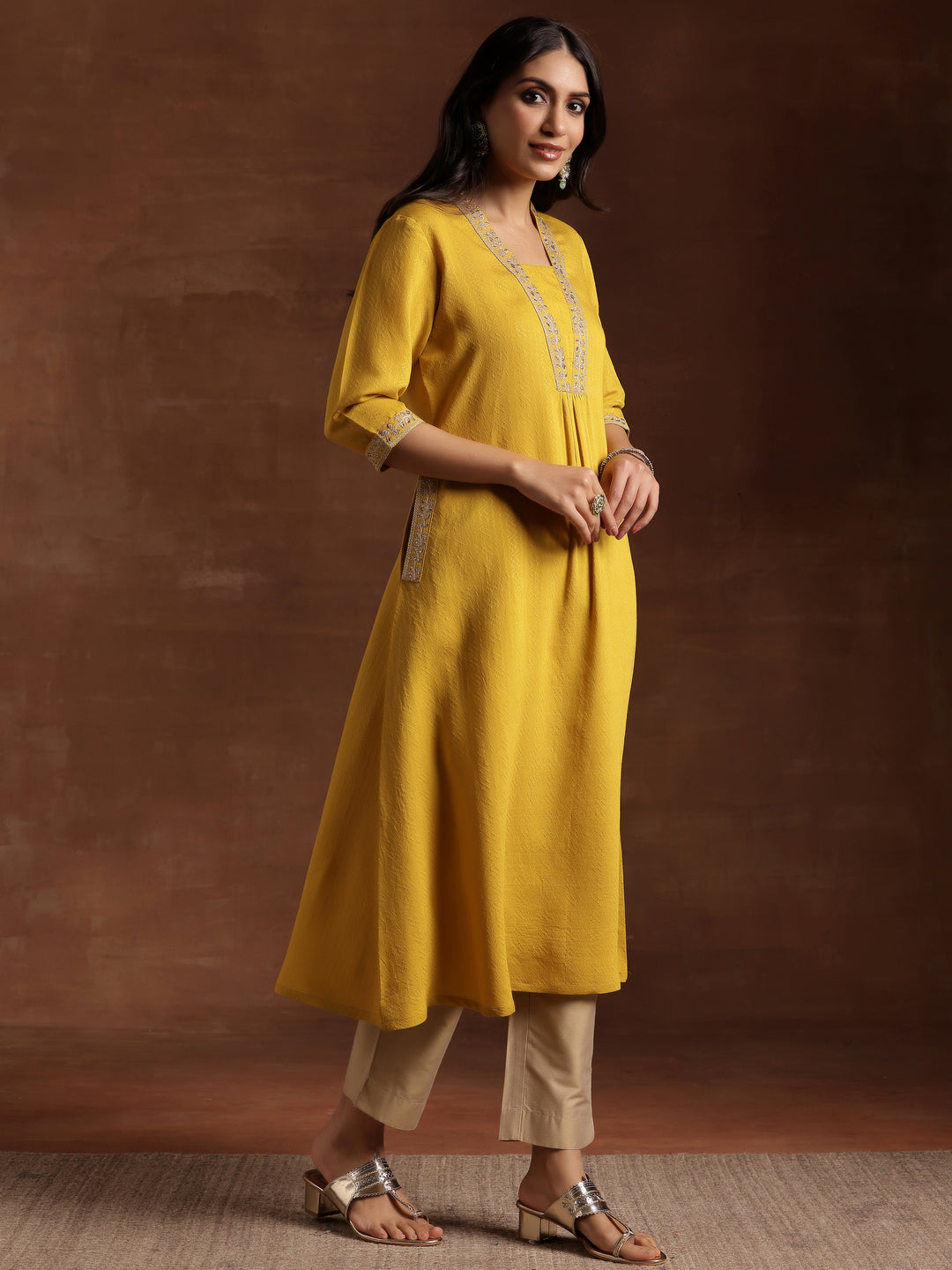  Yellow Yoke Design Silk A-Line Kurta 
