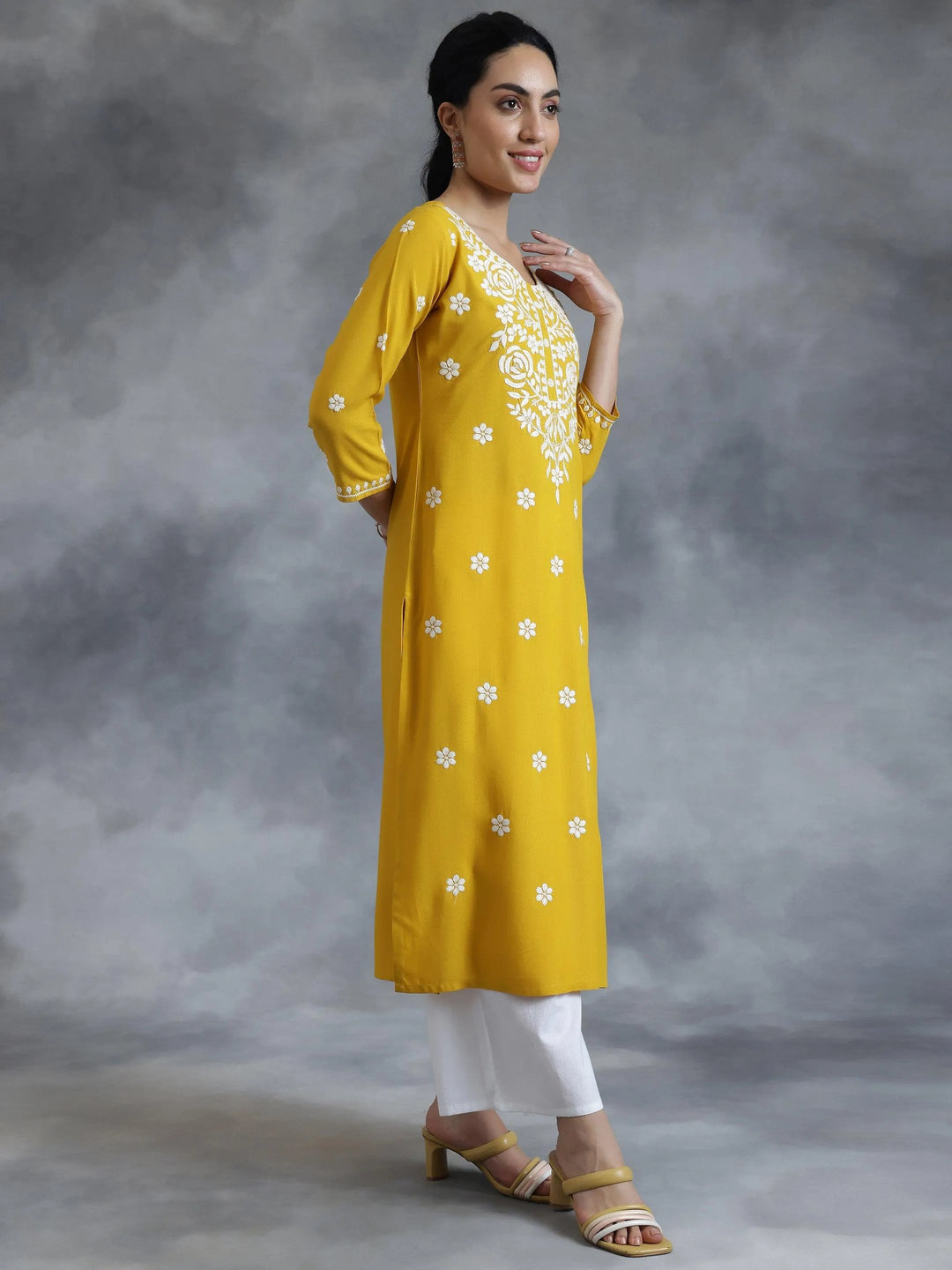 Mustard Embroidered Rayon Straight Kurta - Libas 