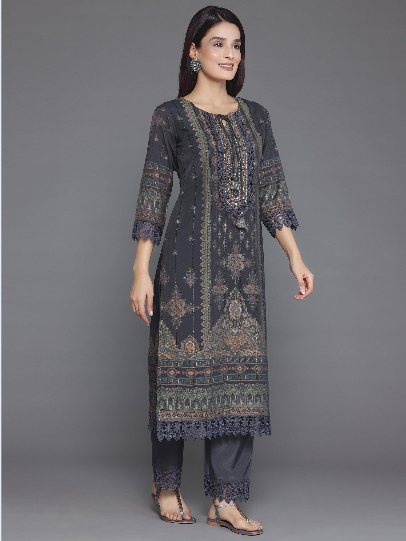 Grey Printed Silk Blend Straight Suit With Dupatta - Libas