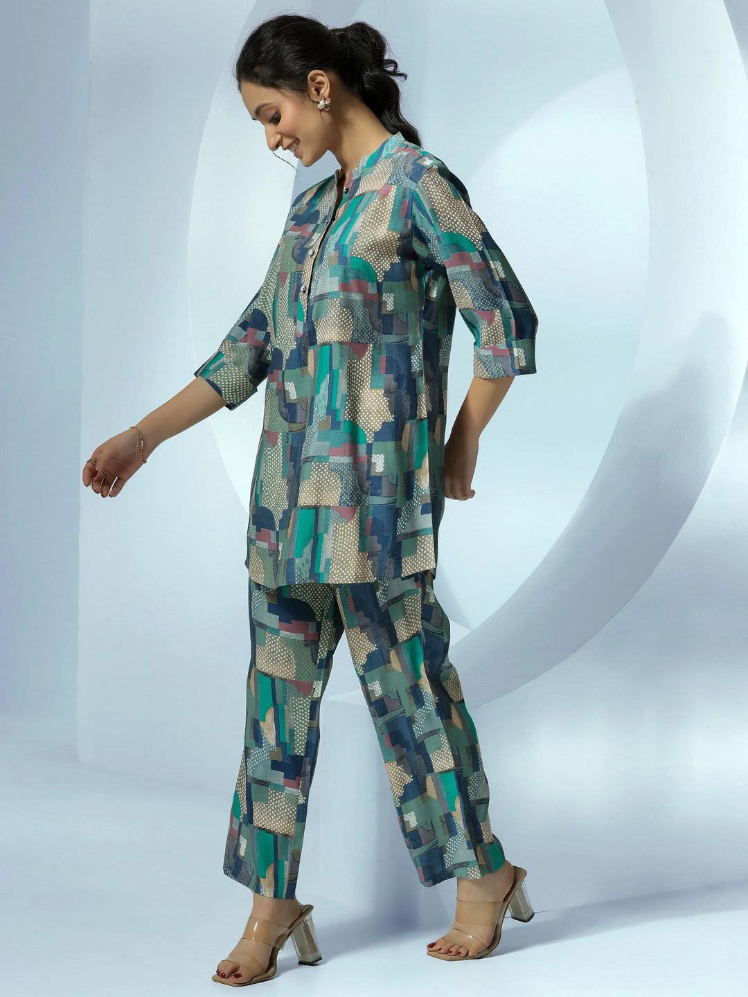  Blue Printed Silk Blend Co-Ords 
