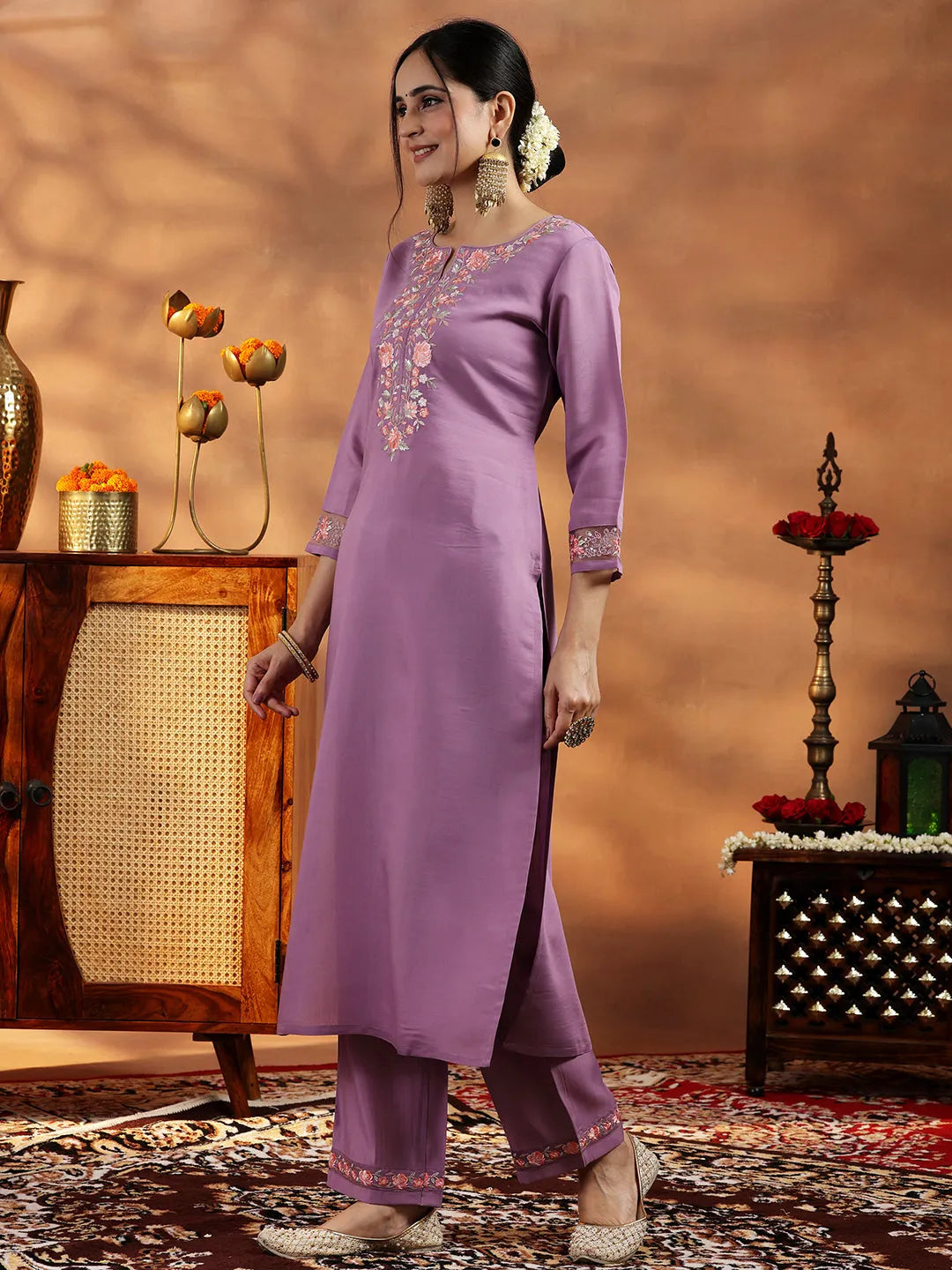  Lavender Yoke Design Silk Blend Straight Suit With Dupatta 