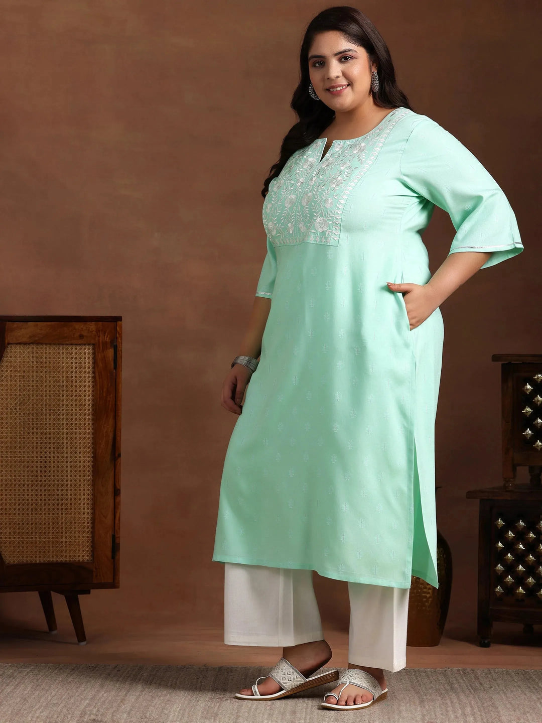  Plus Size Blue Yoke Design Rayon Straight Kurta 