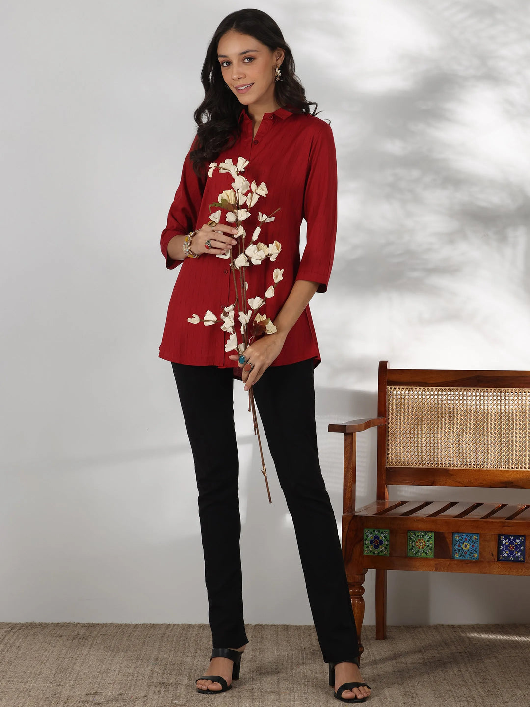  Red Self Design Rayon Straight Tunic 