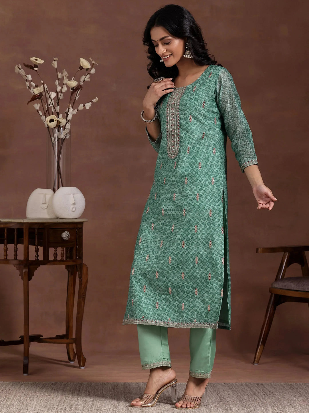  Green Printed Silk Blend Straight Suit With Dupatta 