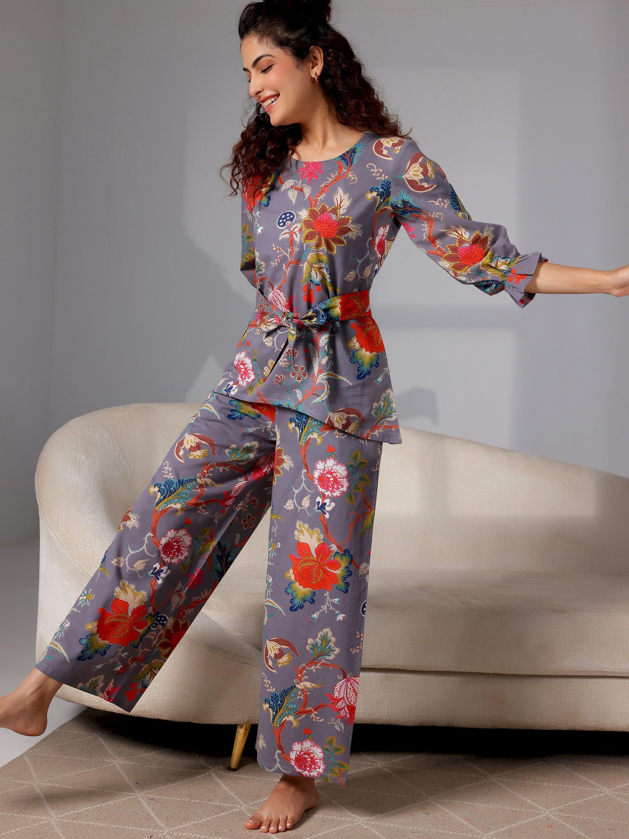 Grey Printed Cotton Night Suits