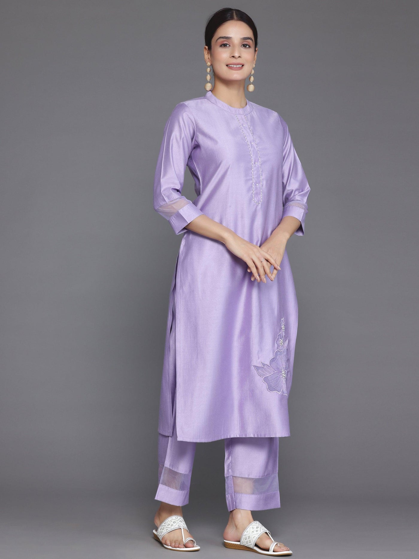 Lavender Solid Silk Blend Straight Suit With Dupatta - Libas