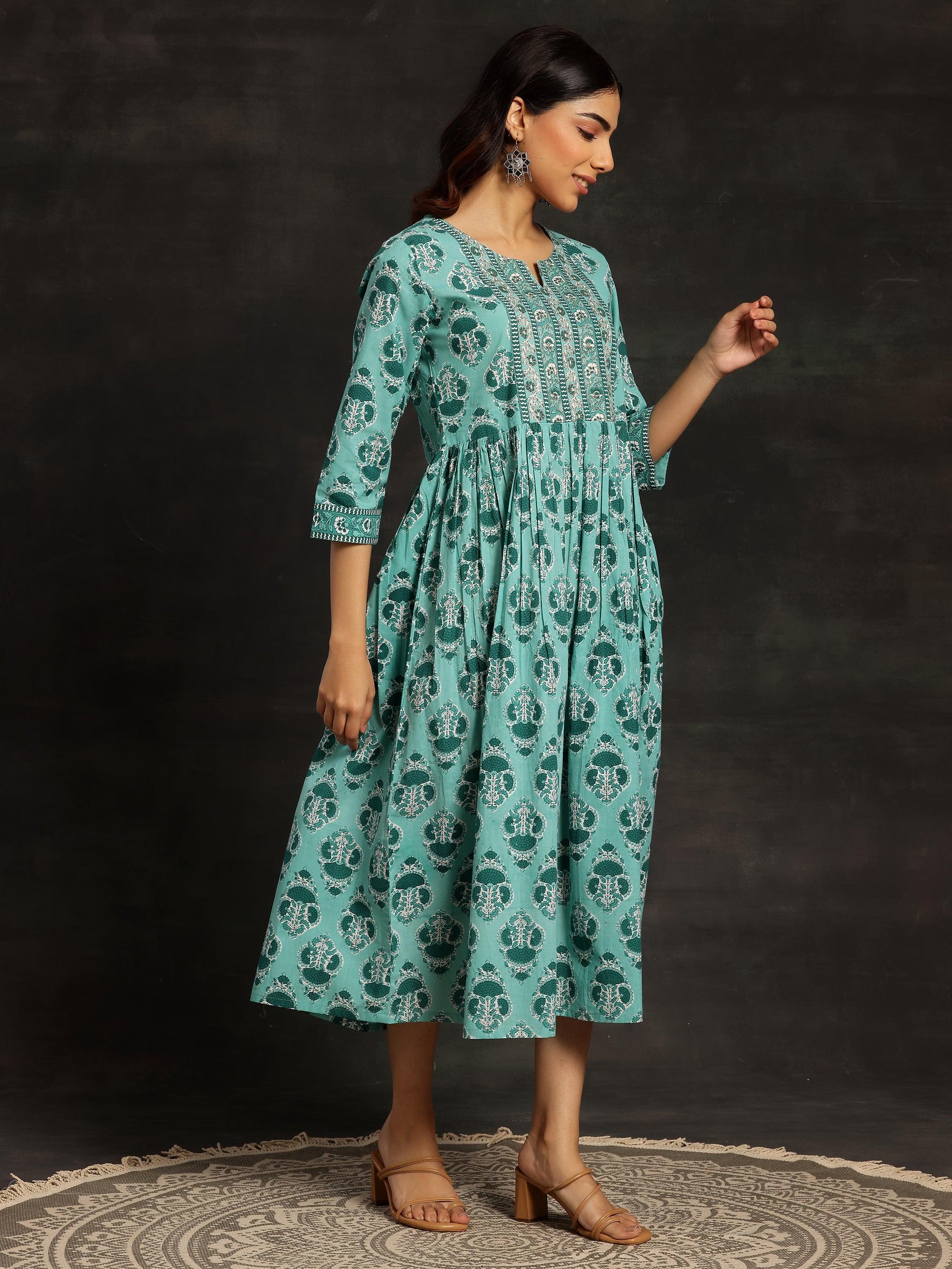 Sea Green Printed Cotton Fit and Flare Dress