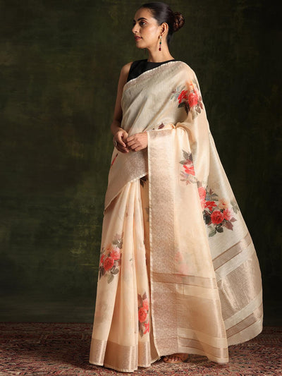 Yellow Printed Silk Blend Saree With Unstitched Blouse Piece - Libas