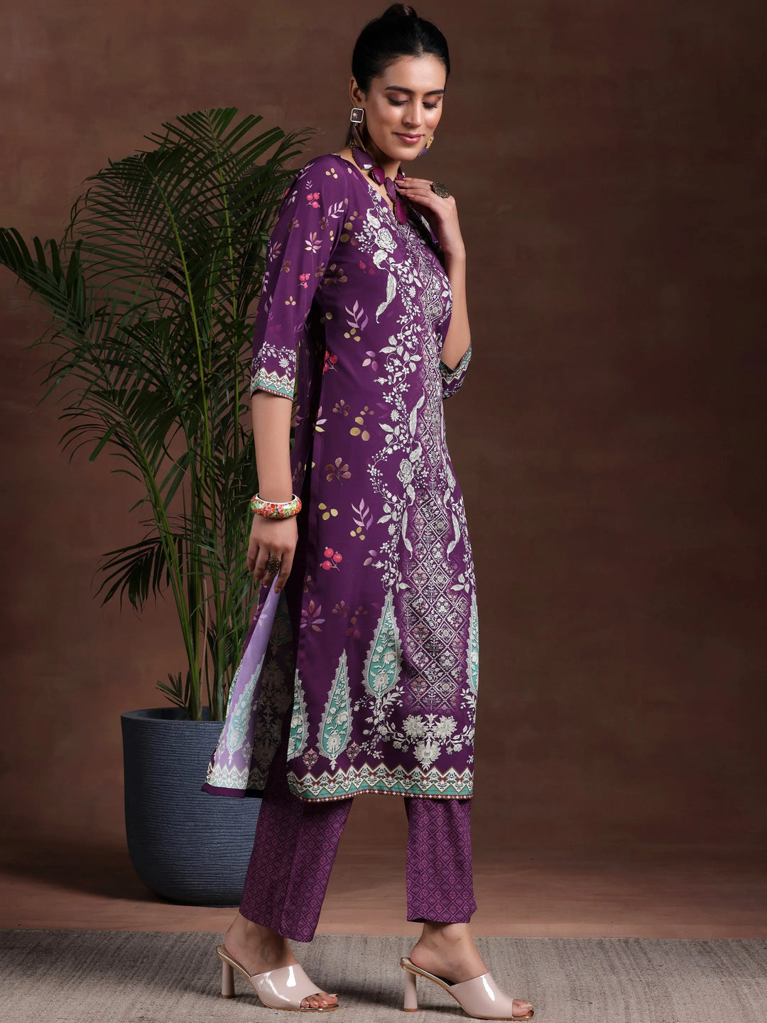  Wine Printed Poly Crepe Straight Suit With Dupatta 