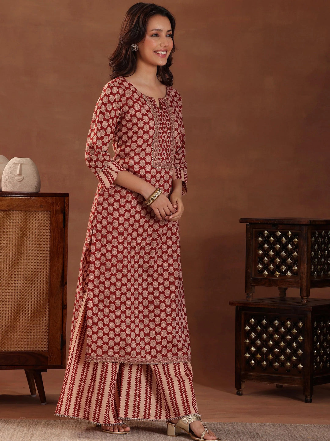 Maroon Printed Cotton Straight Suit With Dupatta - Libas 