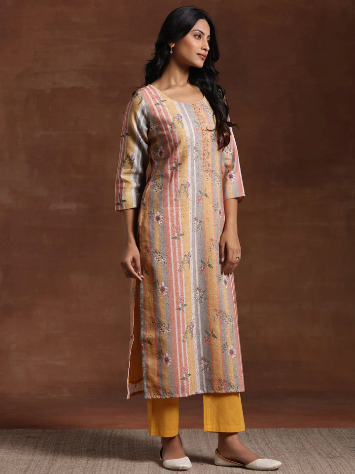 Mustard Striped Cotton Straight Suit With Dupatta - Libas