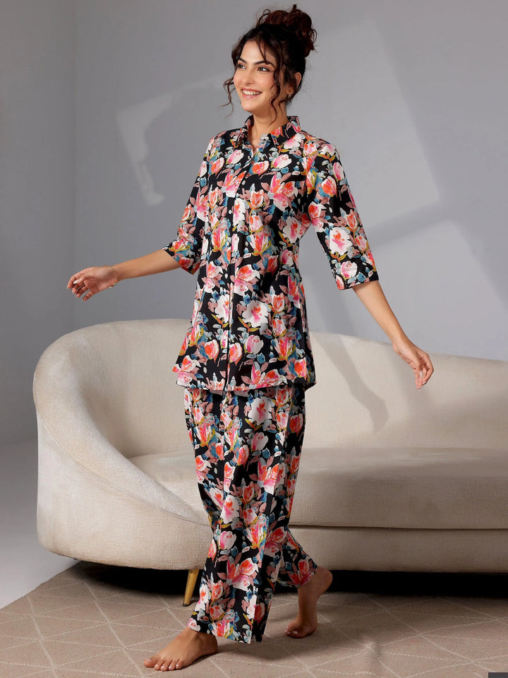 Black Printed Cotton Night Suits - Libas