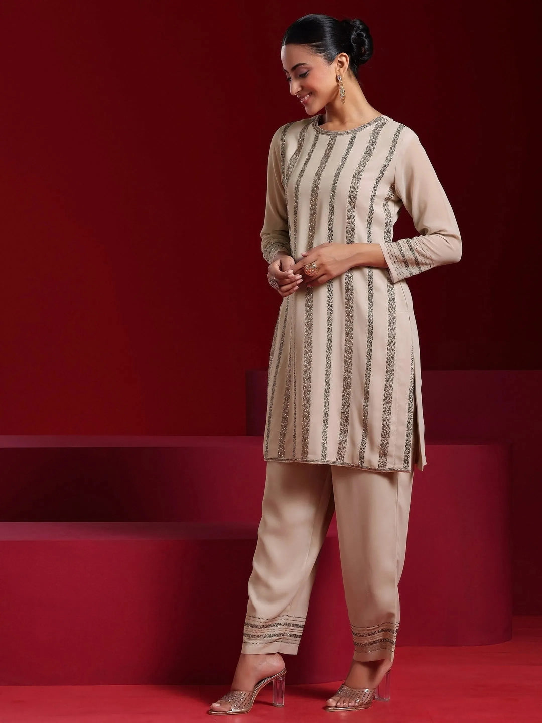  Libas Art Taupe Striped Georgette Straight Suit With Dupatta 