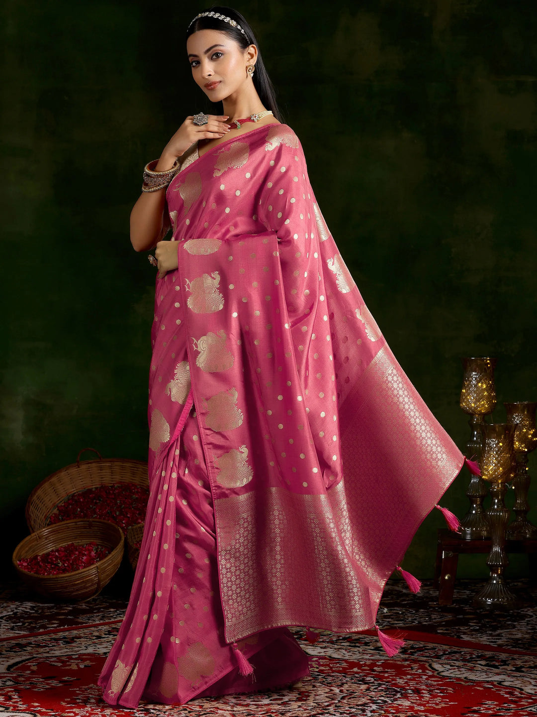  Pink Woven Design Silk Blend Saree With Unstitched Blouse Piece 