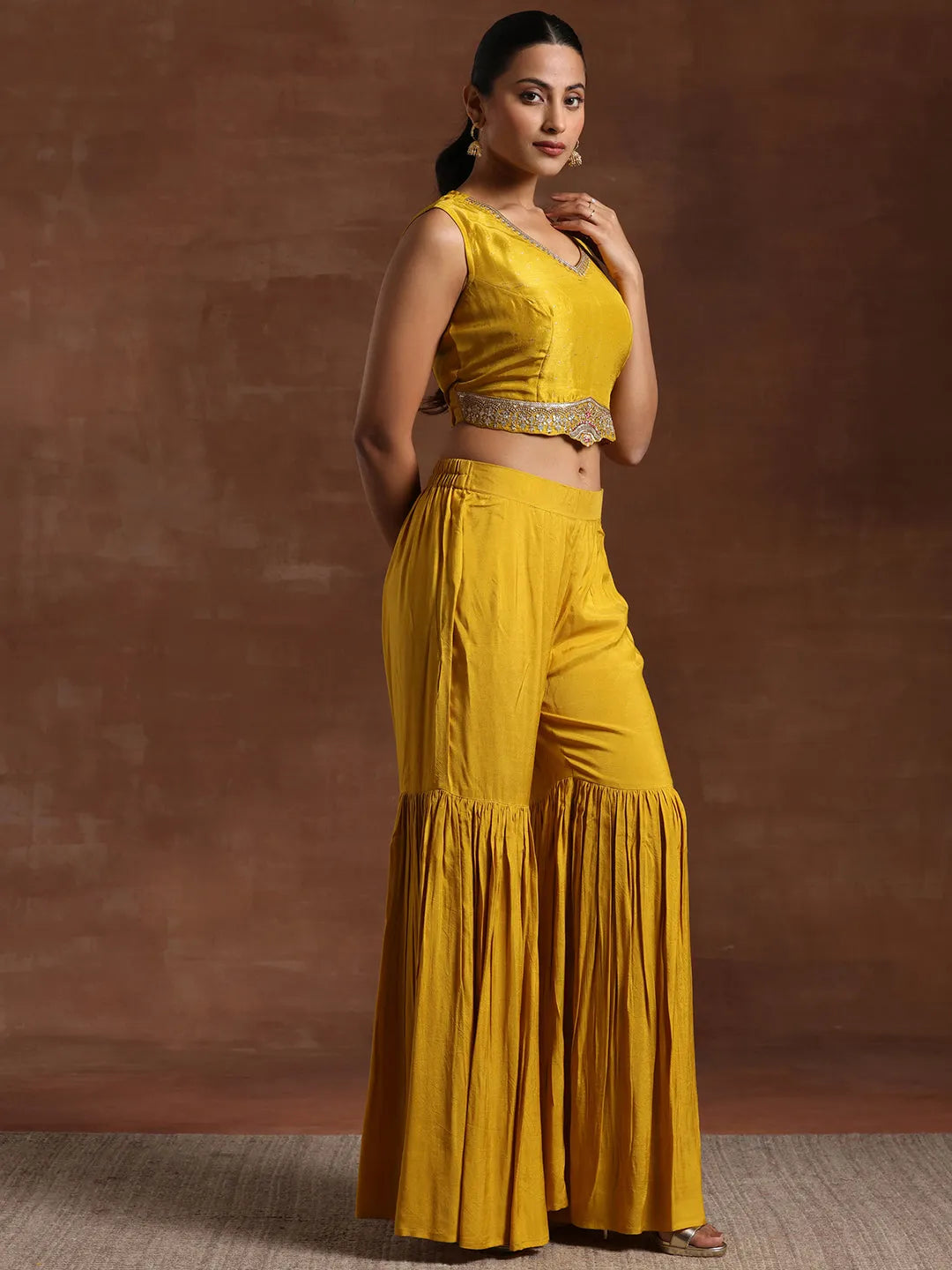  Mustard Embroidered Silk Blend Co-Ords 