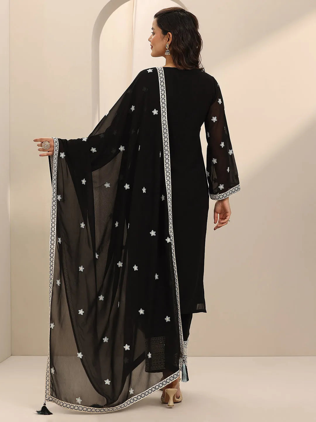  Libas Art Black Embroidered Georgette Straight Suit Set With Dupatta 