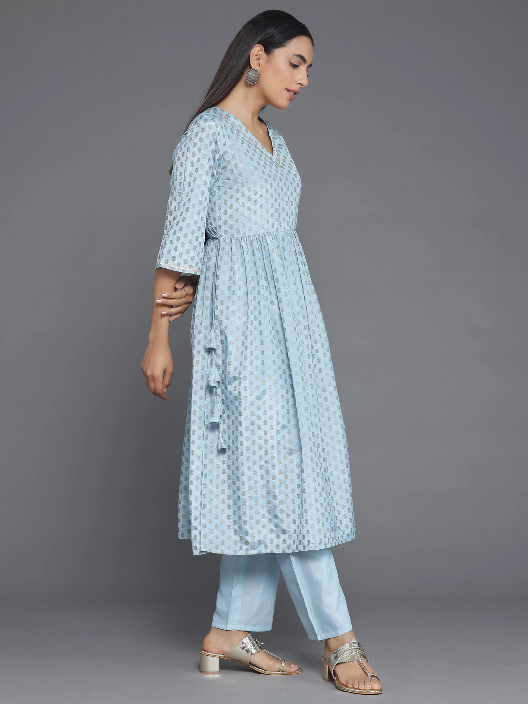 Blue Printed Silk Blend A-Line Kurta With Trousers - Libas 