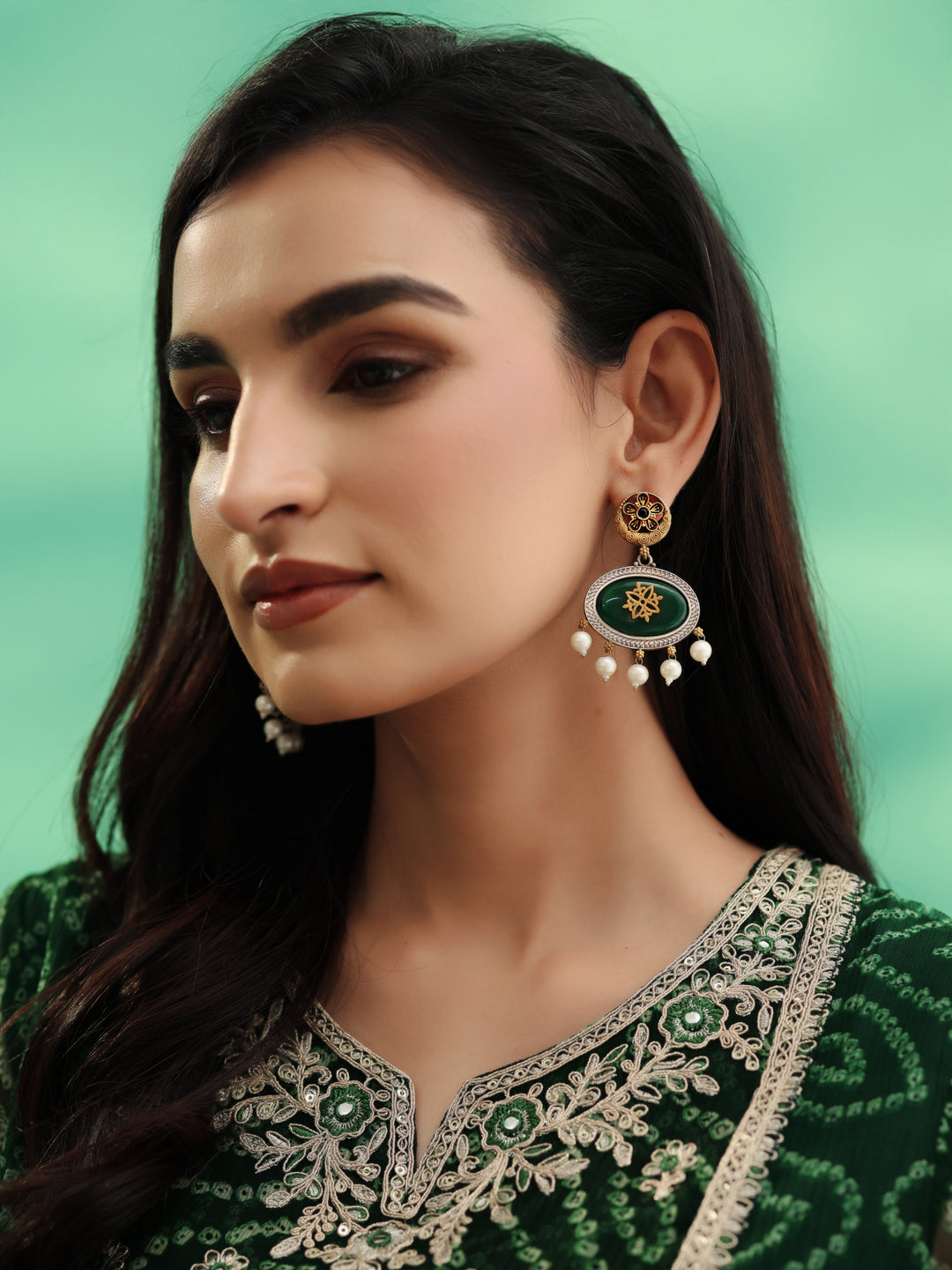  Libas Green Stone Statement Earrings with Pearl Drops 