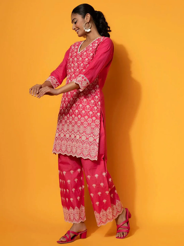 Pink Embroidered Cotton Co-Ords - Libas