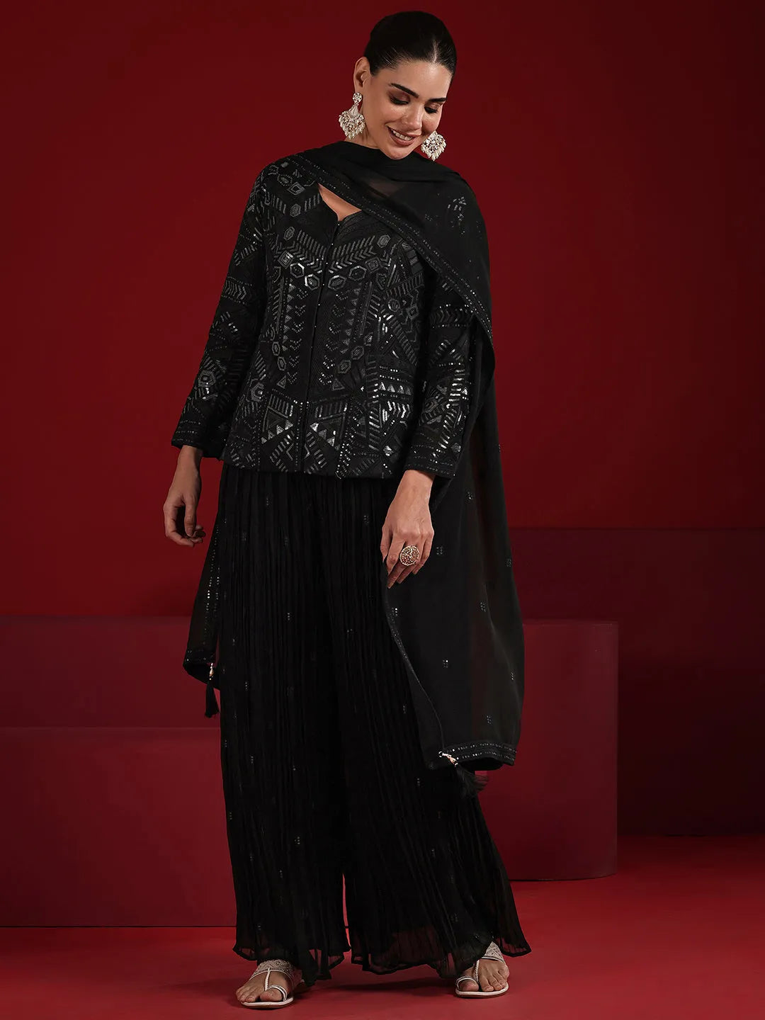  Libas Art Black Embroidered Georgette A-Line Suit Set With Dupatta 