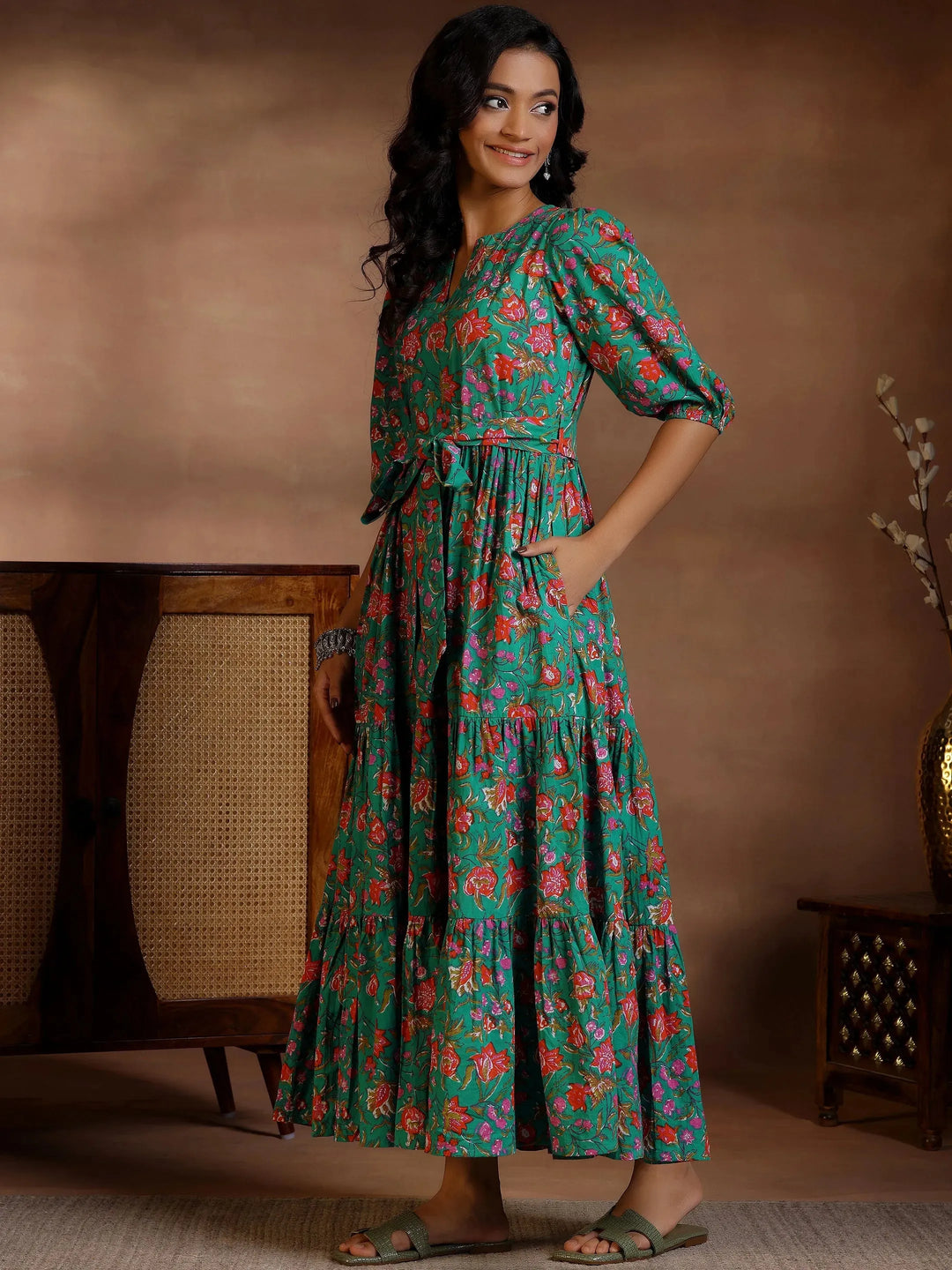  Blue Printed Cotton Fit and Flare Dress 
